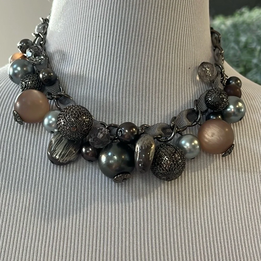 LARGE MIXED BEAD RIBBON LACE CHAIN CHOKER NECKLACE